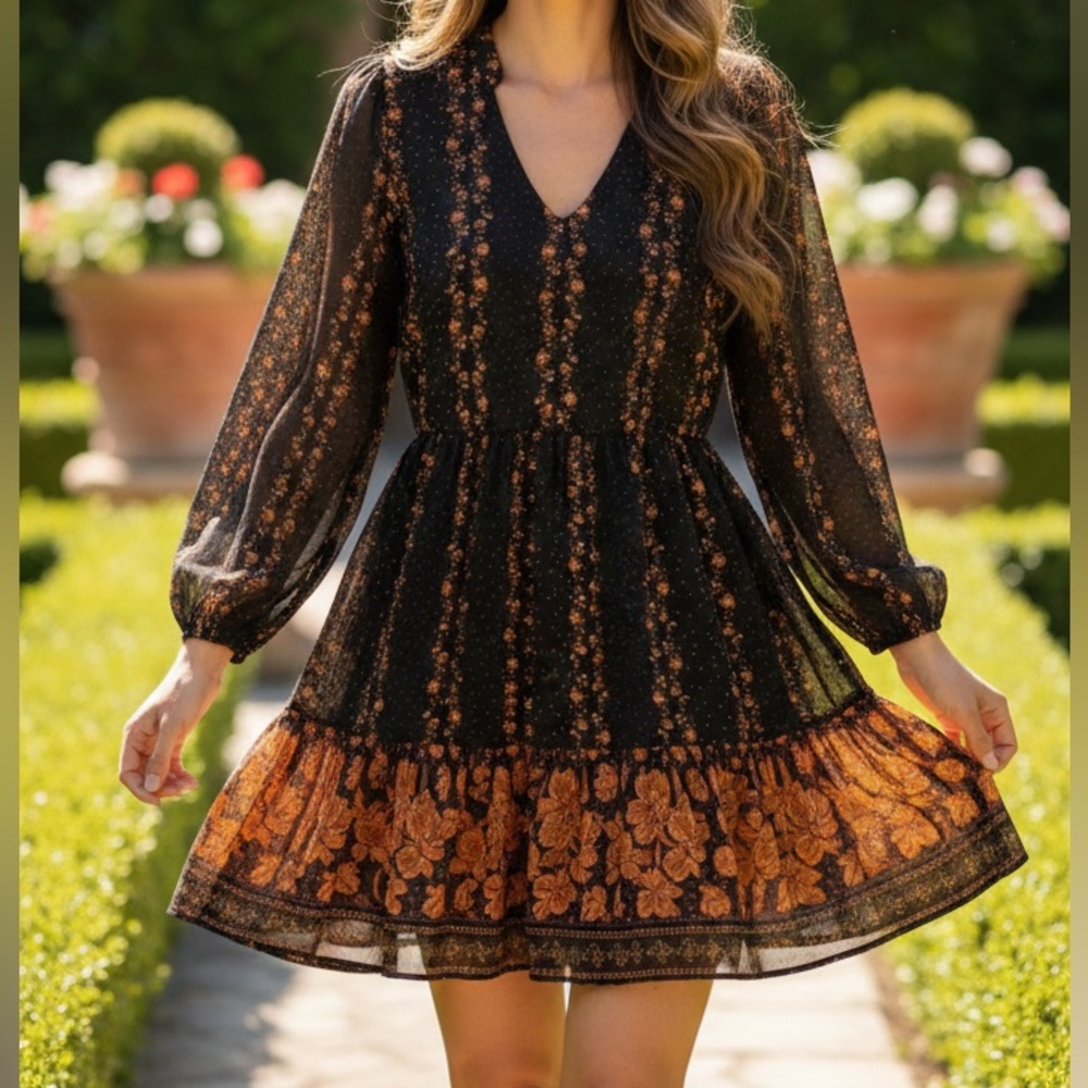 Melloday Black Floral Tiered Boho Mini Dress with Sheer Sleeves
